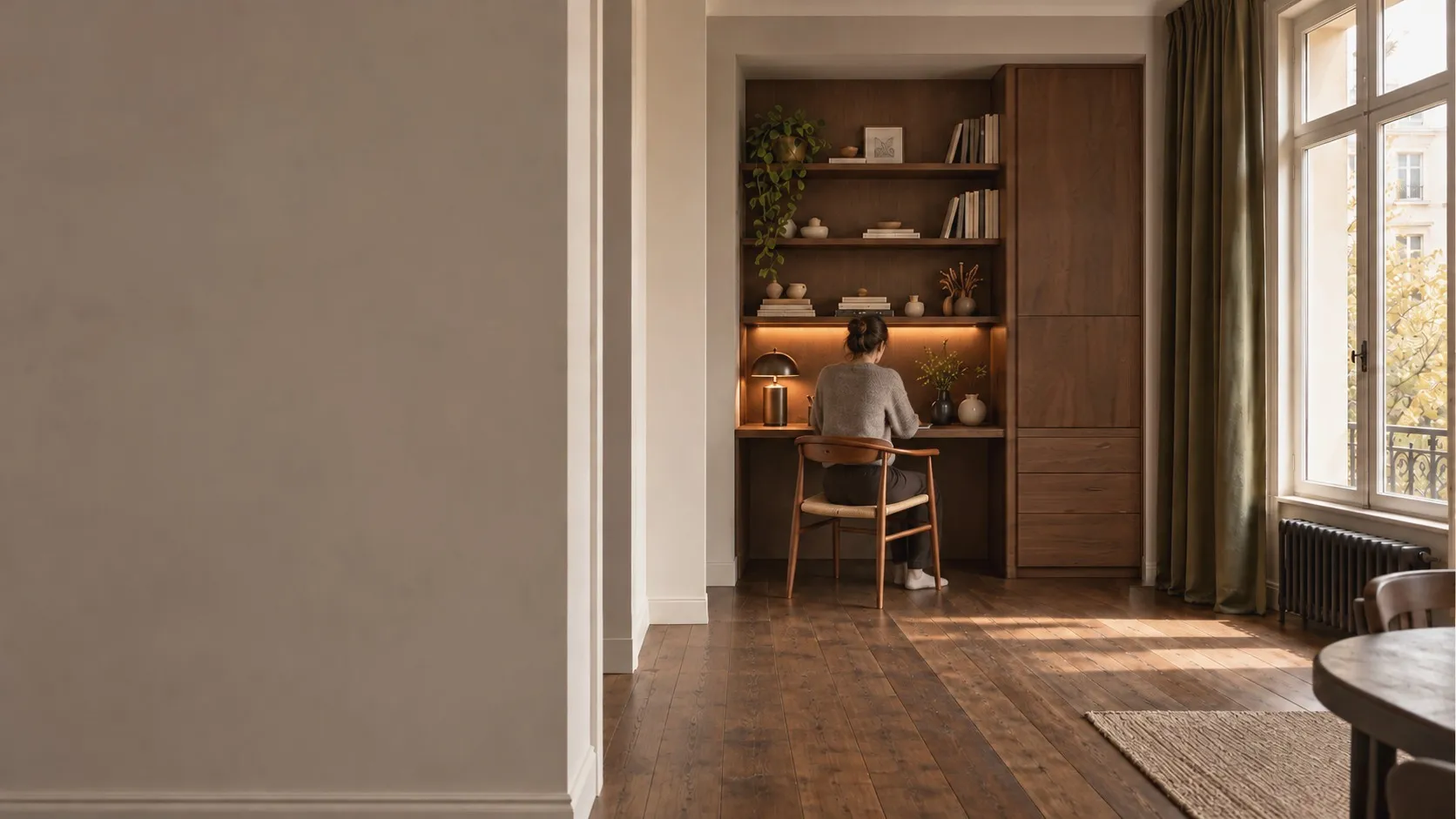 Finished built-in walnut bookshelf with desk nook